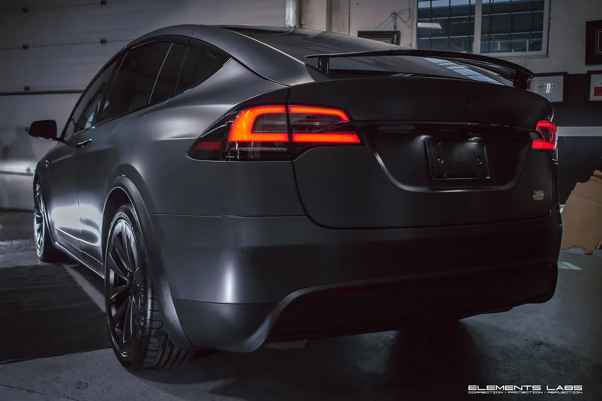 Matte-finish Tesla Model X photographed after full-body paint protection film work at Elements Labs.
