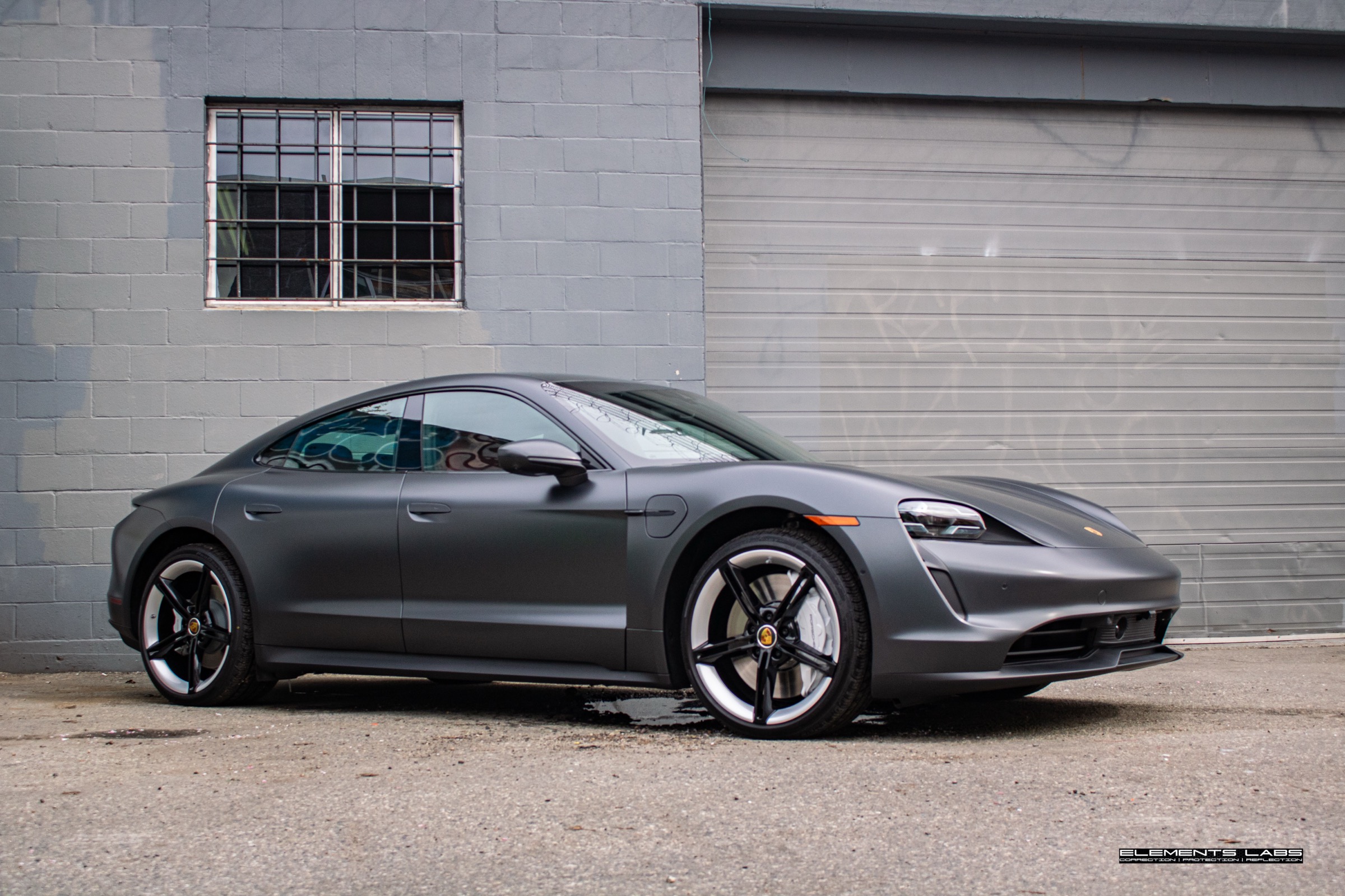 Side profile of 2023 Porsche Taycan Turbo with full vehicle Satin PPF
