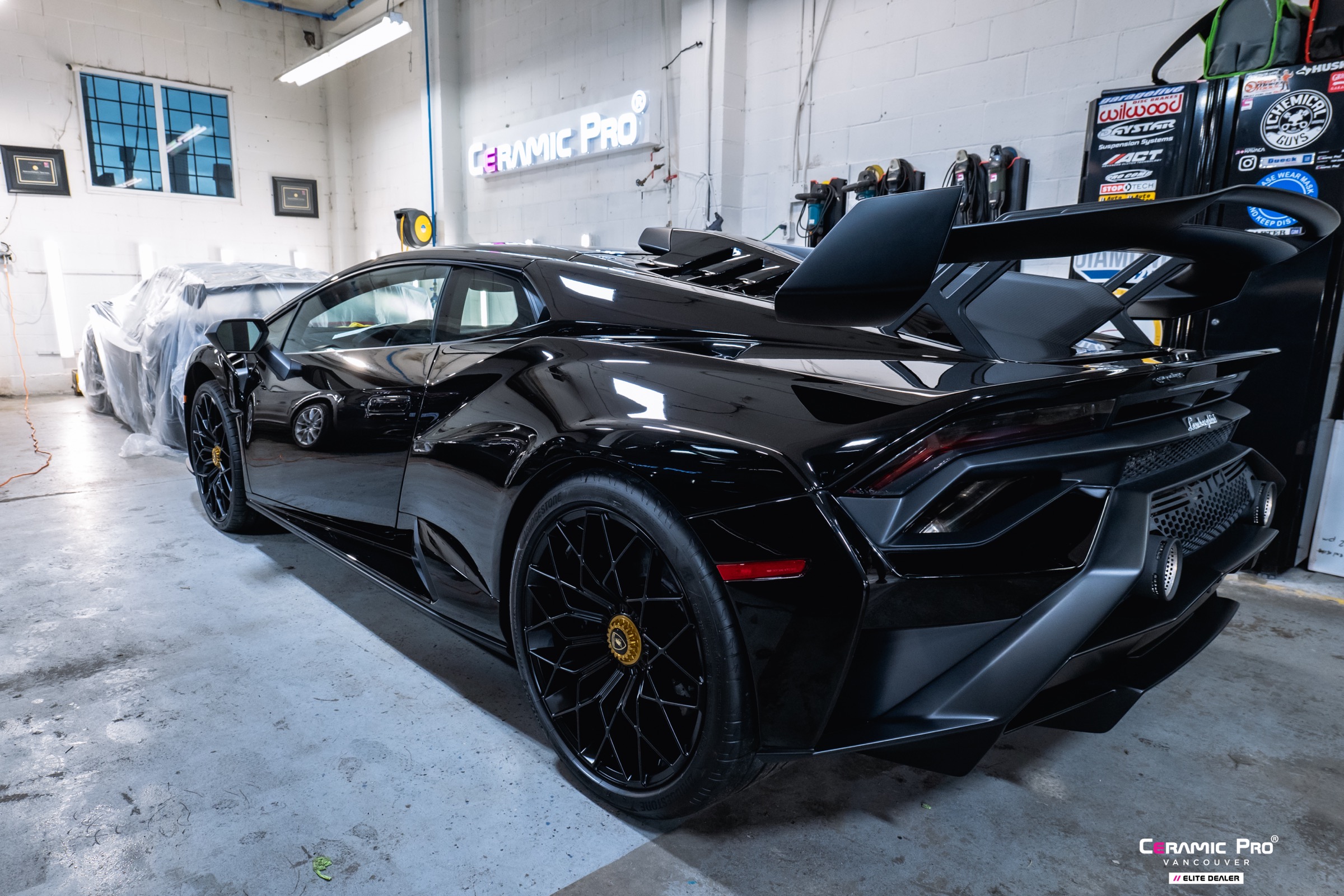 Rear result view of a 2023 Lamborghini Huracan EVO Coupe after full PPF and ION ceramic coating at Elements Labs