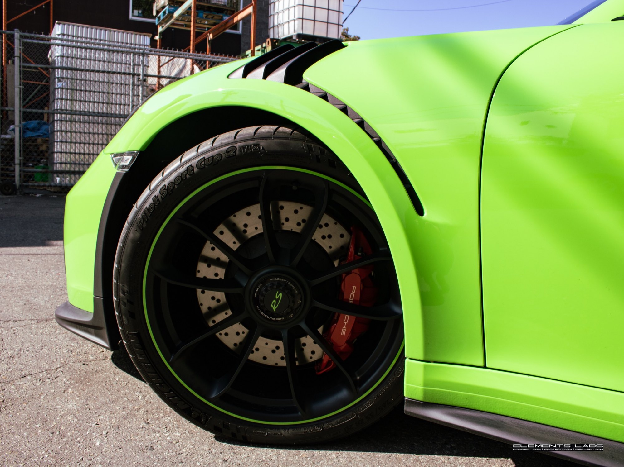 Wheel and fender detail on a 2019 Porsche 911 GT3 RS after ceramic coating work at Elements Labs