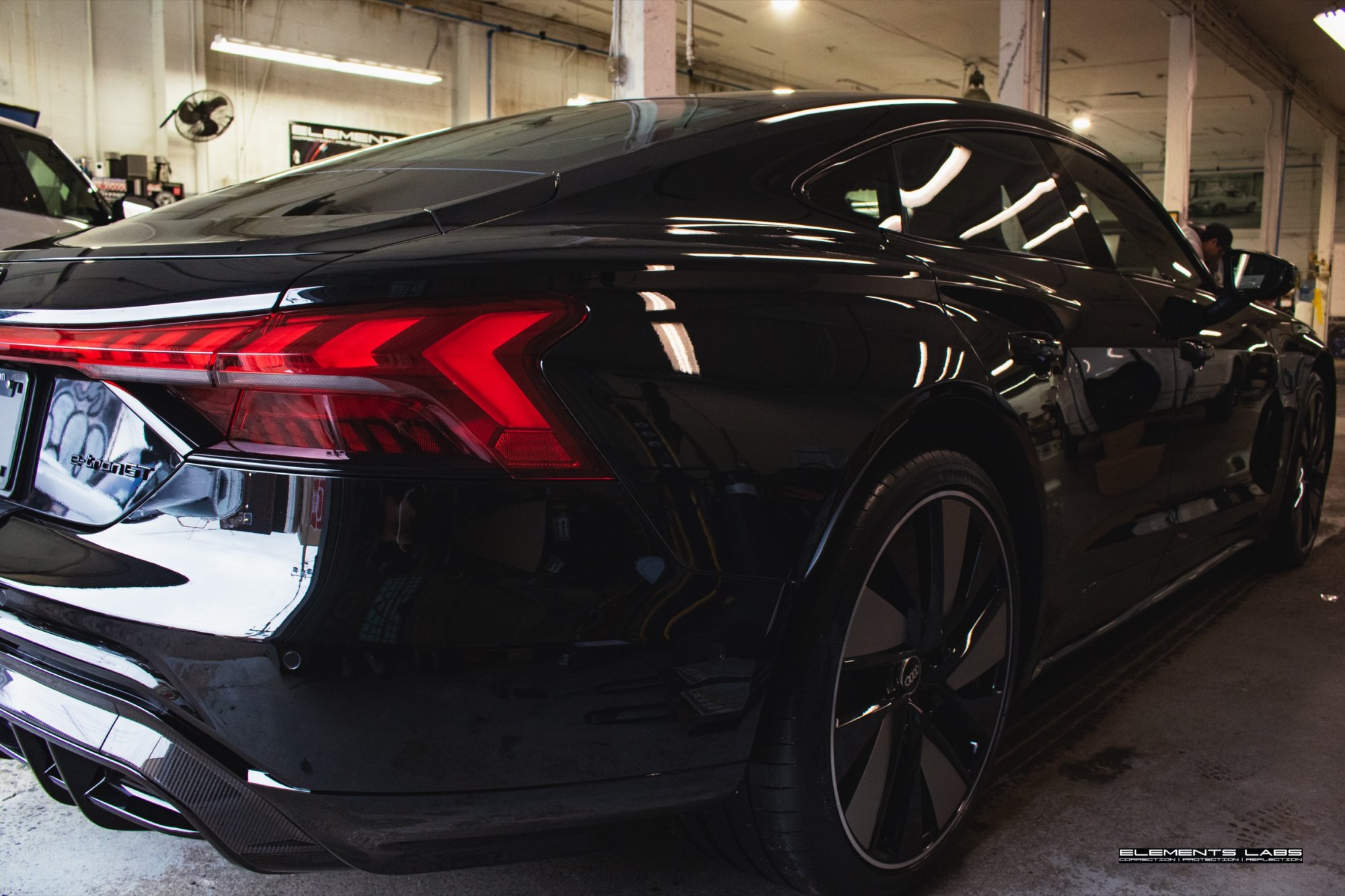 Rear three-quarter view of a 2025 Audi e-tron GT after Ceramic Pro Ultimate ION at Elements Labs