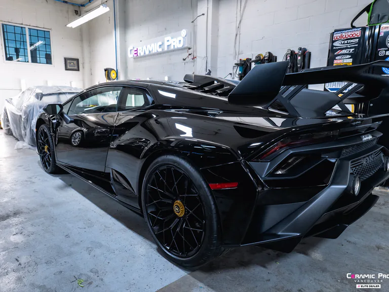 Black 2023 Lamborghini Huracan EVO after full paint protection film and Ceramic ION in Vancouver.