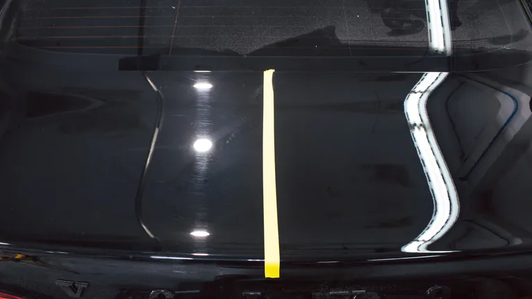 Taped paint panel showing swirl marks beside a corrected finish under inspection lights.